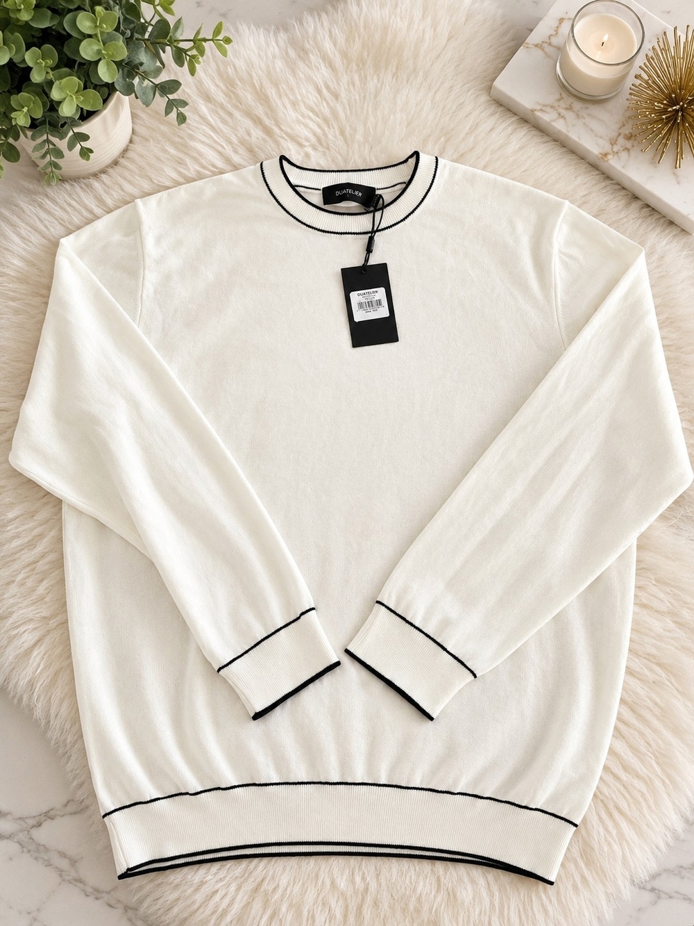 BUGATCHI Cream Crewneck Sweater with Black Trim
